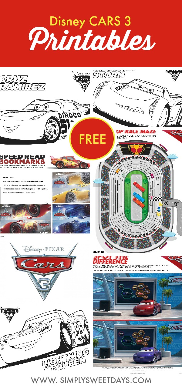 Set of free Disney Cars 3 printable coloring pages for kids! This post also includes some cute bookmarks for your kids to cut out and design.