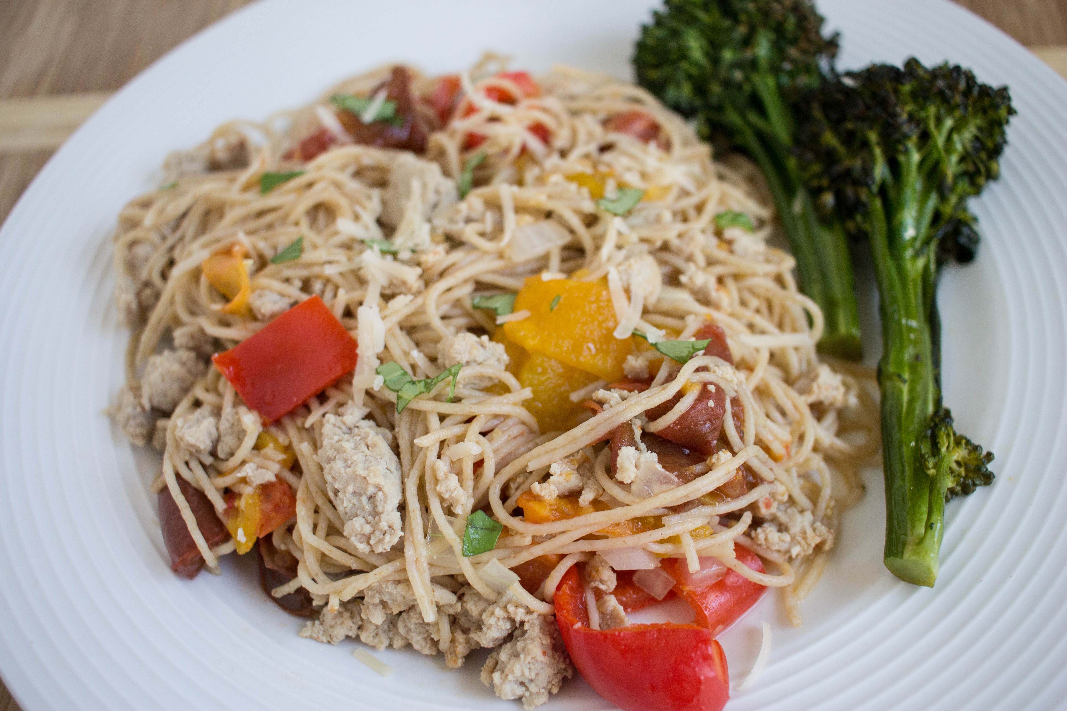 Ground Turkey and Roasted Heirloom Tomatoes and Broccolini