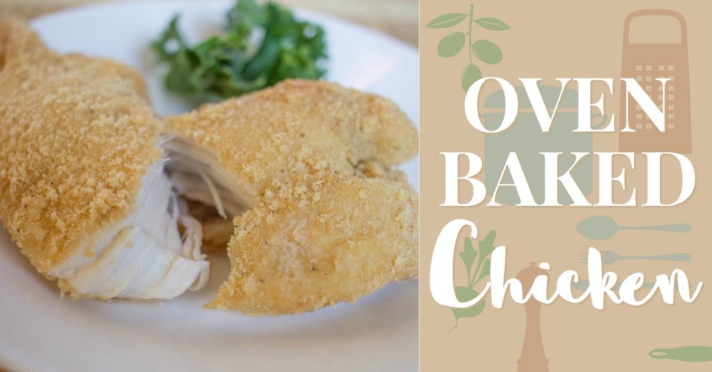 Our family's favorite recipe for oven baked chicken uses simple breading made from crushed cracker crumbs! It is a fast and easy dinner, perfect for busy weeknights.