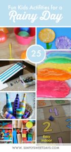 25 fun ideas for kids activities. Indoor play ideas and crafts that you can do with what you already have. Ways to have fun and beat boredom on a rainy or snowy day when you're stuck indoors.
