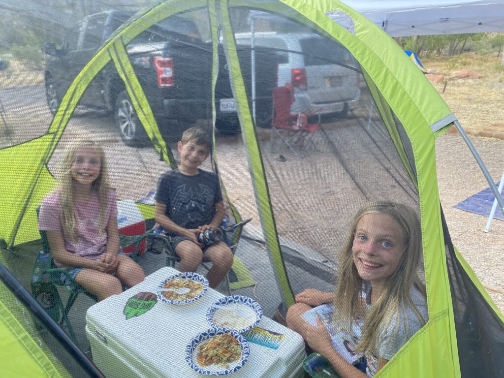 Kids in a mesh tent camping in Zion National Park